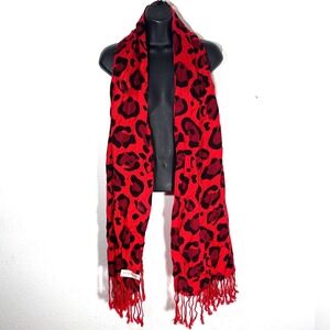 Pashmina Red Black Leopard Print Scarf Fringe Lightweight Women Accessories